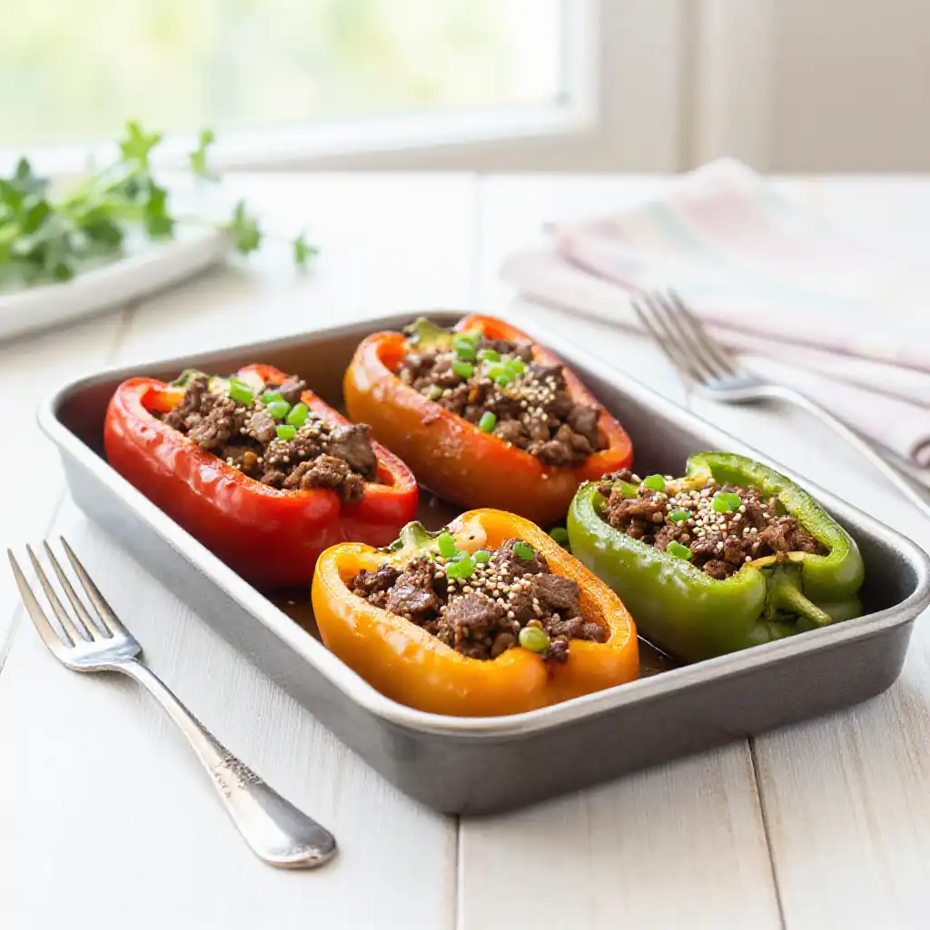 Viral TikTok Korean Ground Beef & Bell Pepper Sheet Pan plated dish