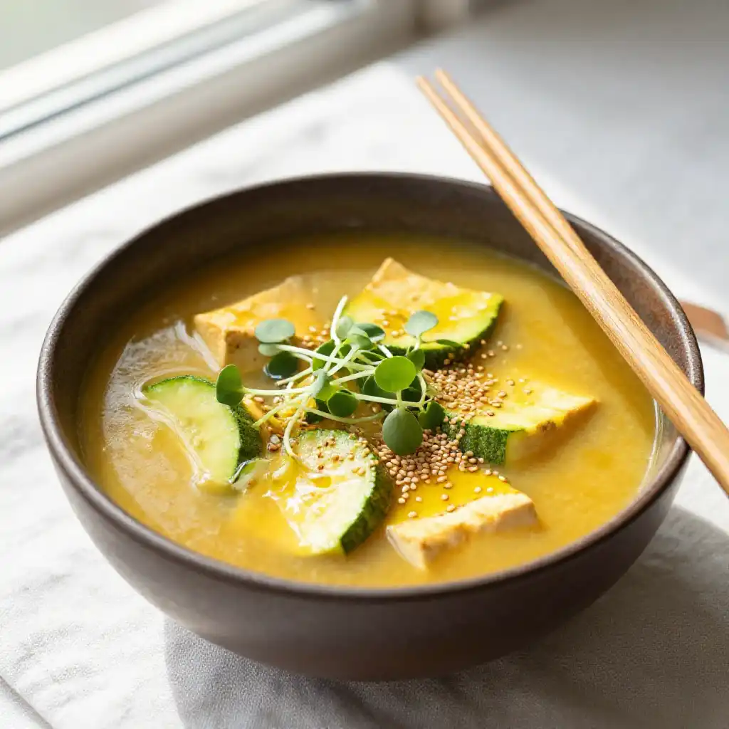 Viral TikTok Smoked Miso-Glazed Tofu Zucchini Soup plated dish