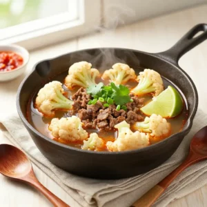 Step by step viral tiktok recipe vietnamese ground beef cauliflower cast iron pho soup flavor bomb one-pan meal prep healthy easy weeknight dinner