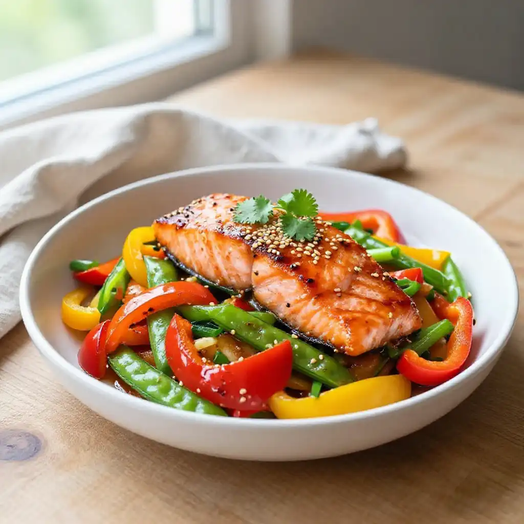 Viral TikTok Sweet Chili Salmon Bell Pepper Stir-Fry plated dish