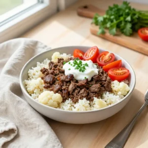 Step by step viral tiktok turkish ground beef cauliflower power bowl stovetop easy weeknight dinner healthy meal prep