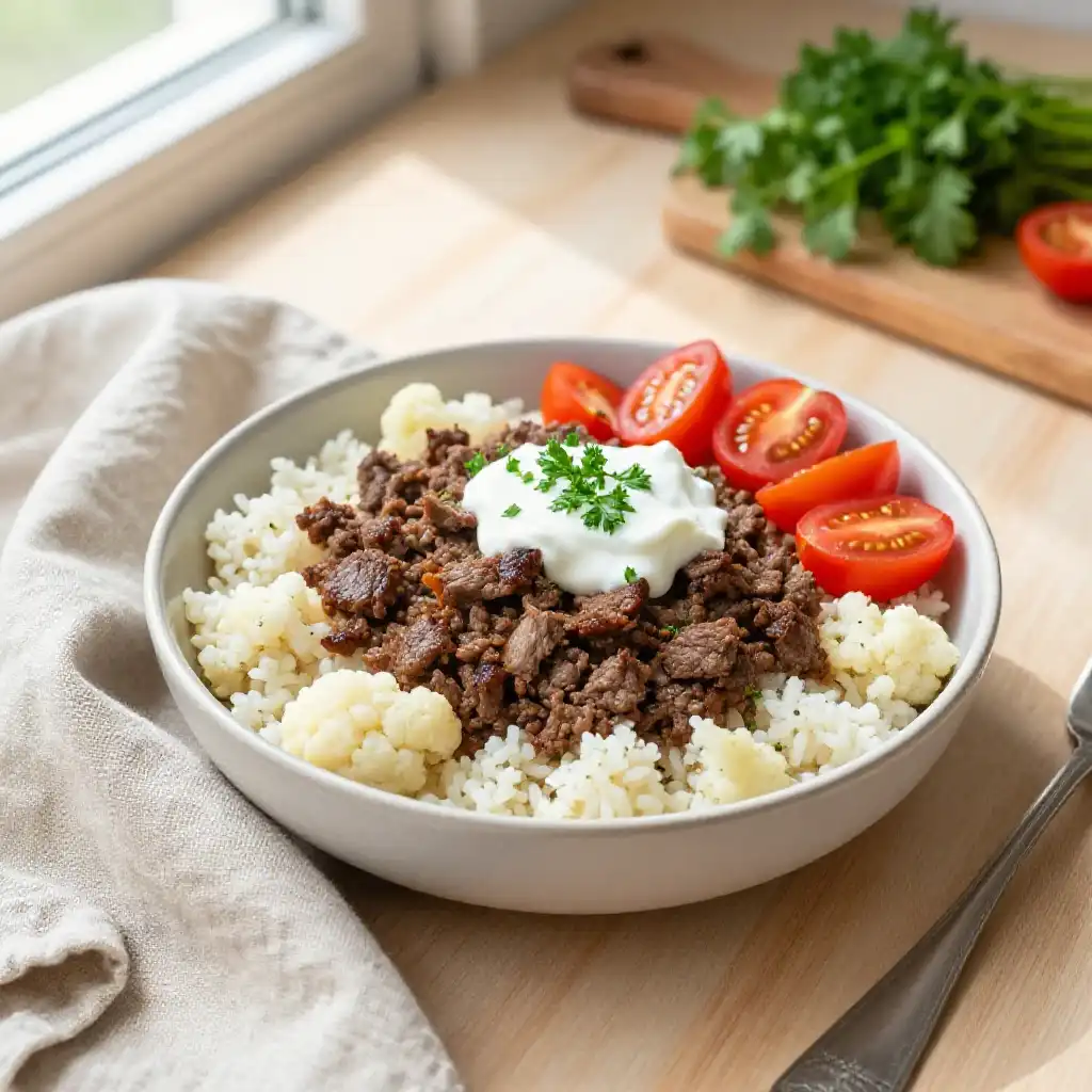 Viral TikTok Turkish Ground Beef Cauliflower Power Bowl (Stovetop) plated dish
