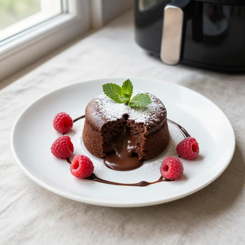 Air Fryer Chocolate Lava Cake with Molten Center plated dish