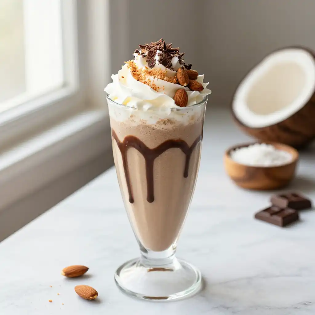 Almond Joy Protein Smoothie plated dish