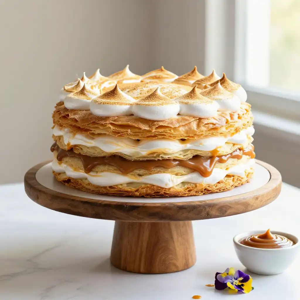 Argentinian Rogel Cake with Dulce de Leche and Meringue plated dish