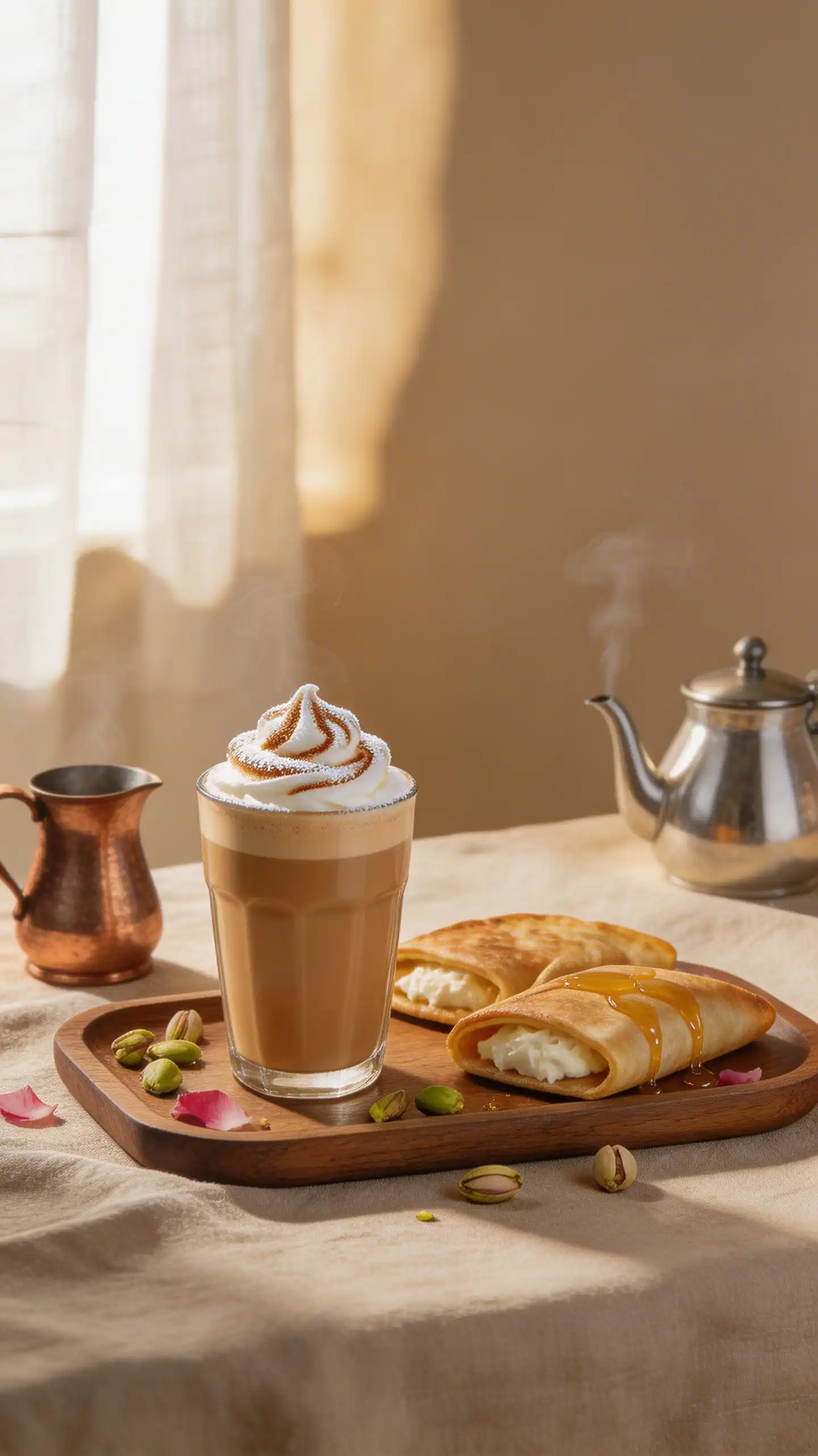 Atayef Pancake Latte plated dish