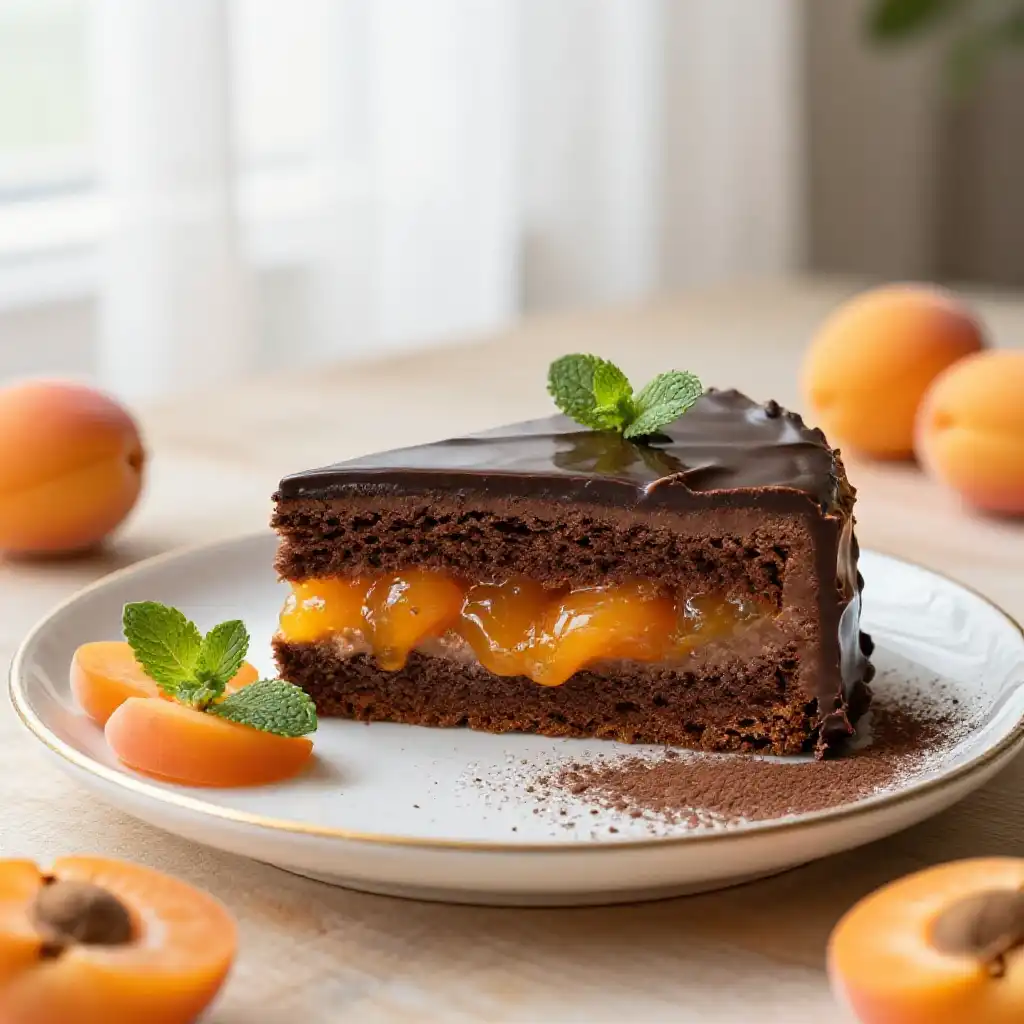 Austrian Sachertorte with Apricot Jam and Dark Chocolate Glaze plated dish