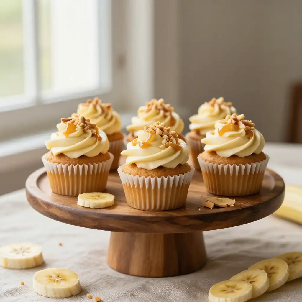 Banana Cupcakes with Peanut Butter Frosting plated dish