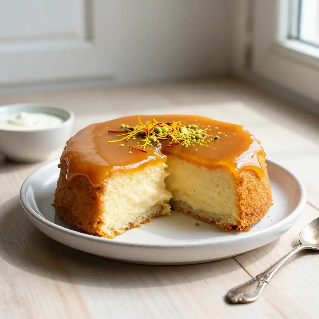 Bangladeshi Mishti Doi Cake with Caramelized Yogurt Frosting plated dish