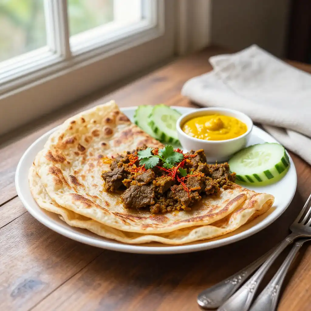 Bangladeshi Paratha with Beef Bhuna plated dish