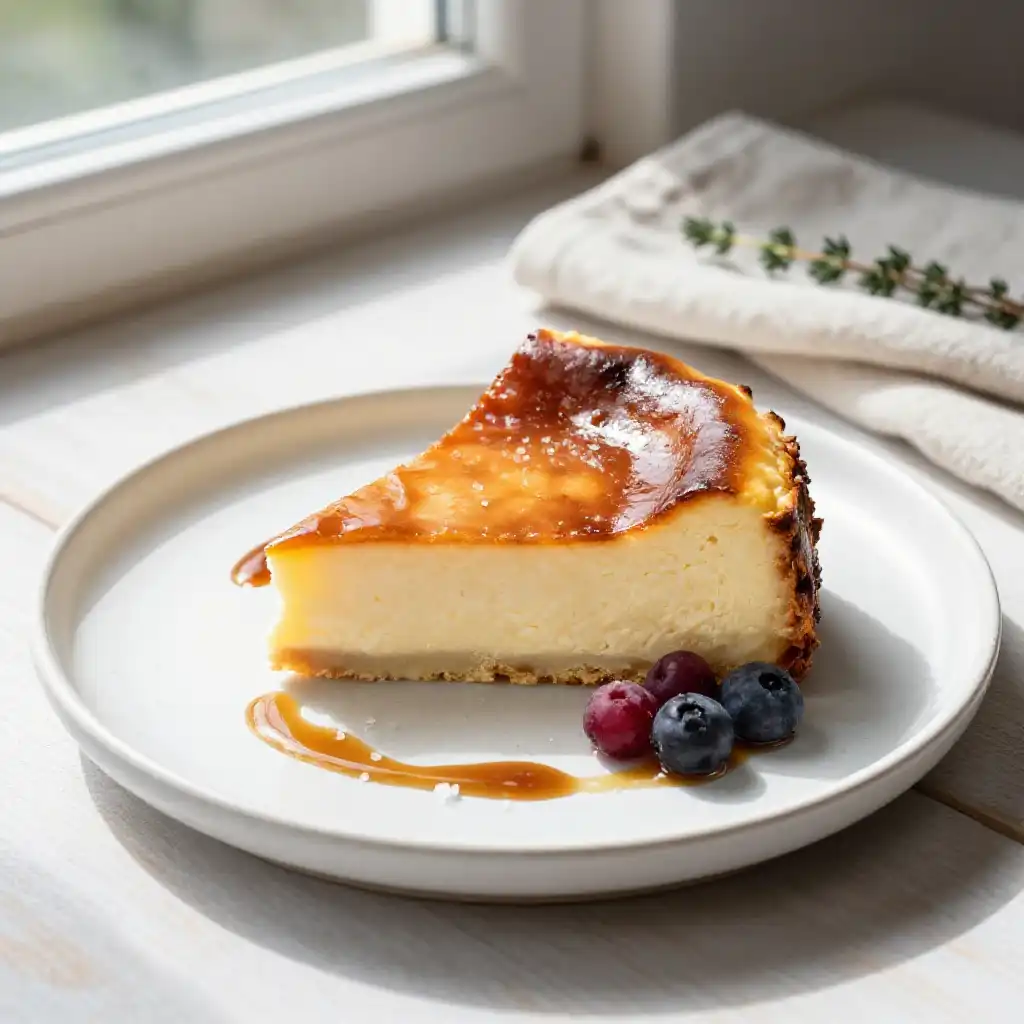 Basque Burnt Cheesecake with Caramelized Top and Creamy Center plated dish