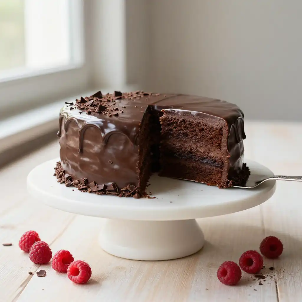 Belgian Chocolate Fudge Cake with Ganache Drip plated dish
