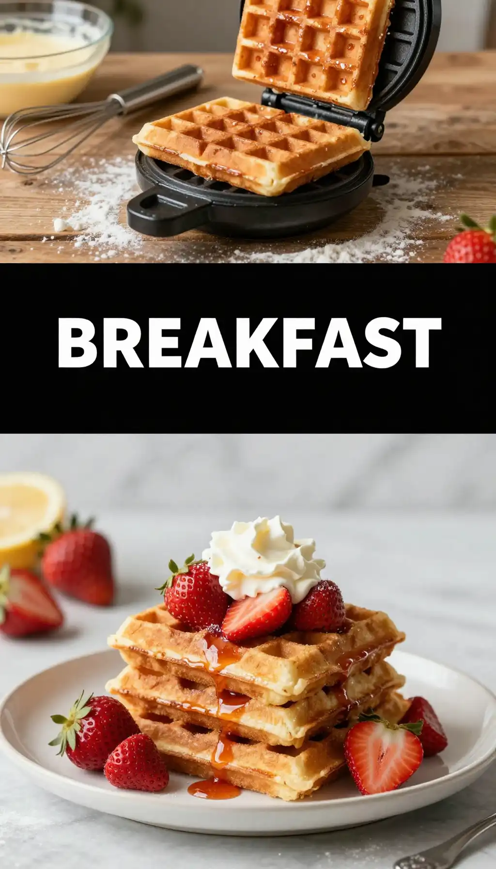 Belgian Waffles with Fresh Strawberries and Cream pinterest pin