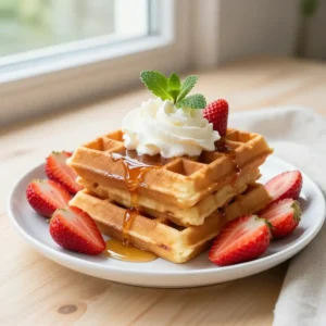 Fluffy Belgian Waffles with Fresh Strawberries & Cream