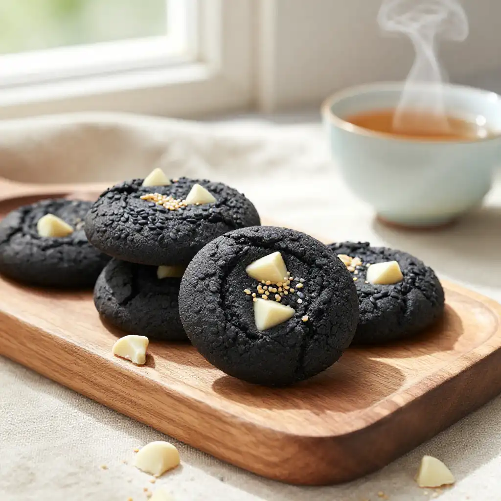 Black Sesame Cookies with White Chocolate Chunks plated dish