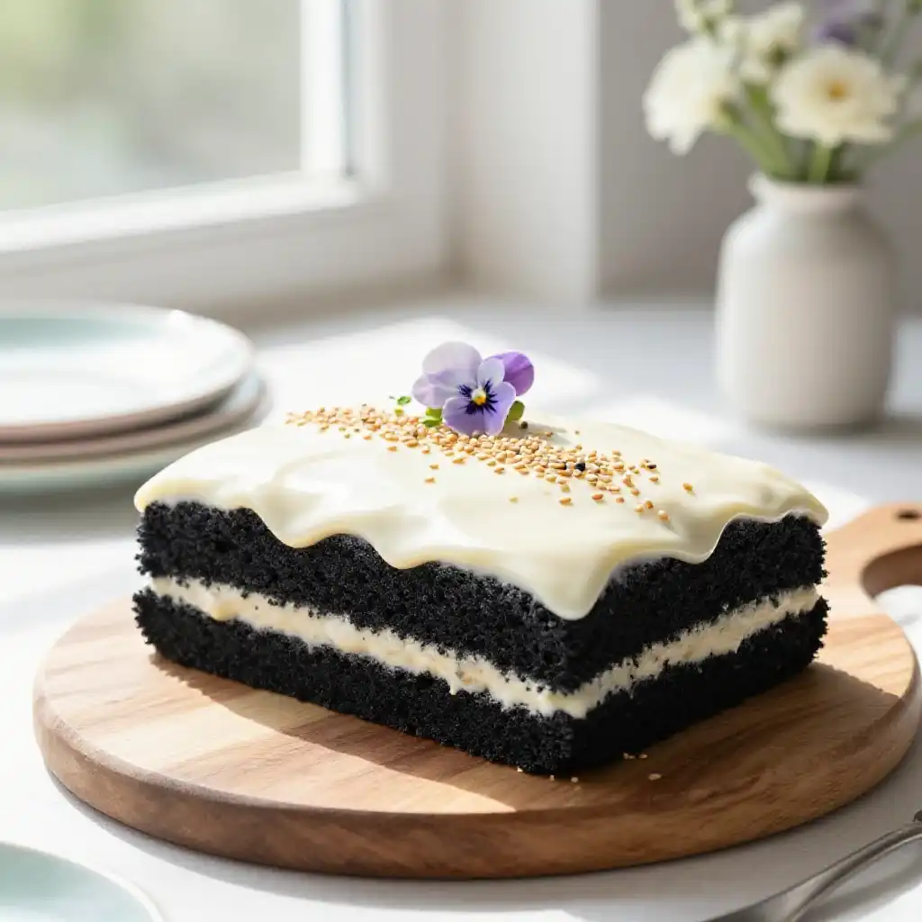 Black Sesame Sponge Cake with White Chocolate Ganache plated dish