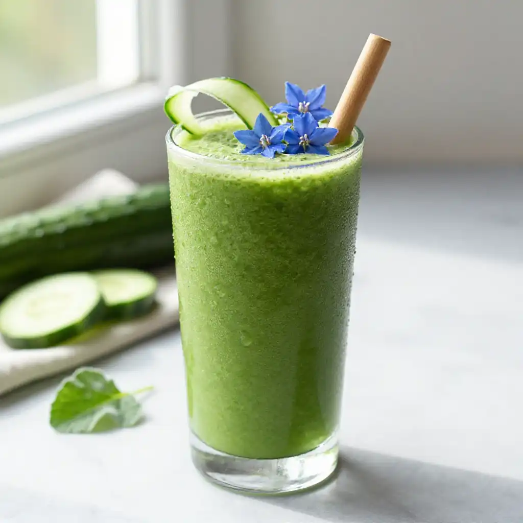 Borage Cucumber Green Smoothie plated dish