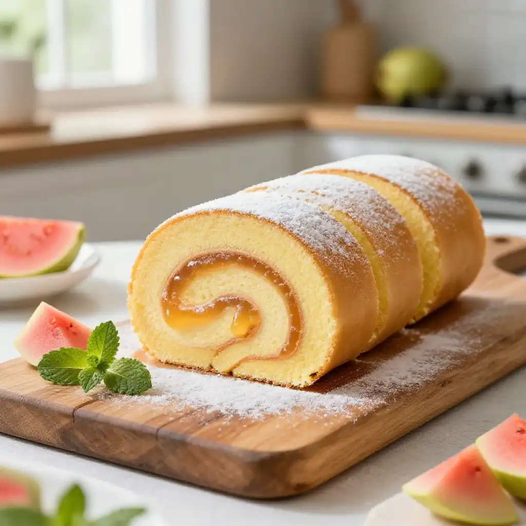Brazilian Bolo de Rolo with Guava Paste and Thin Cake Layers plated dish