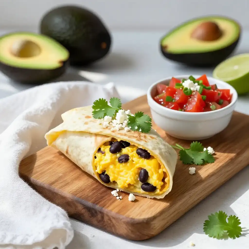 Breakfast Burrito with Scrambled Eggs and Beans plated dish