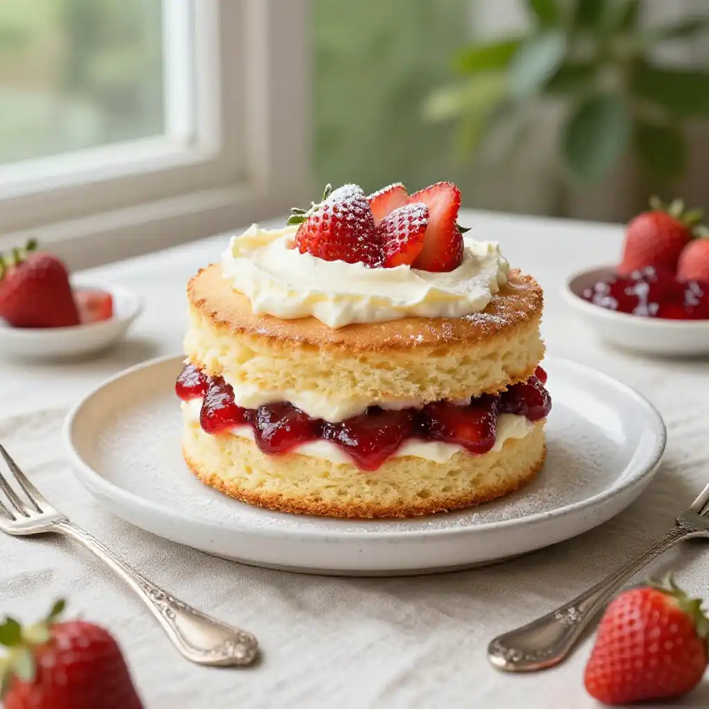 British Victoria Sponge with Strawberry Jam and Clotted Cream plated dish
