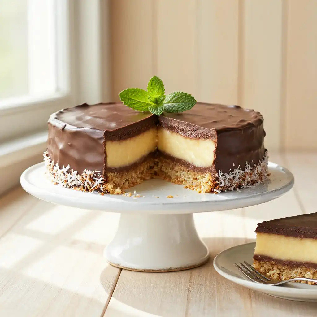Canadian Nanaimo Bar Cake with Coconut and Chocolate plated dish