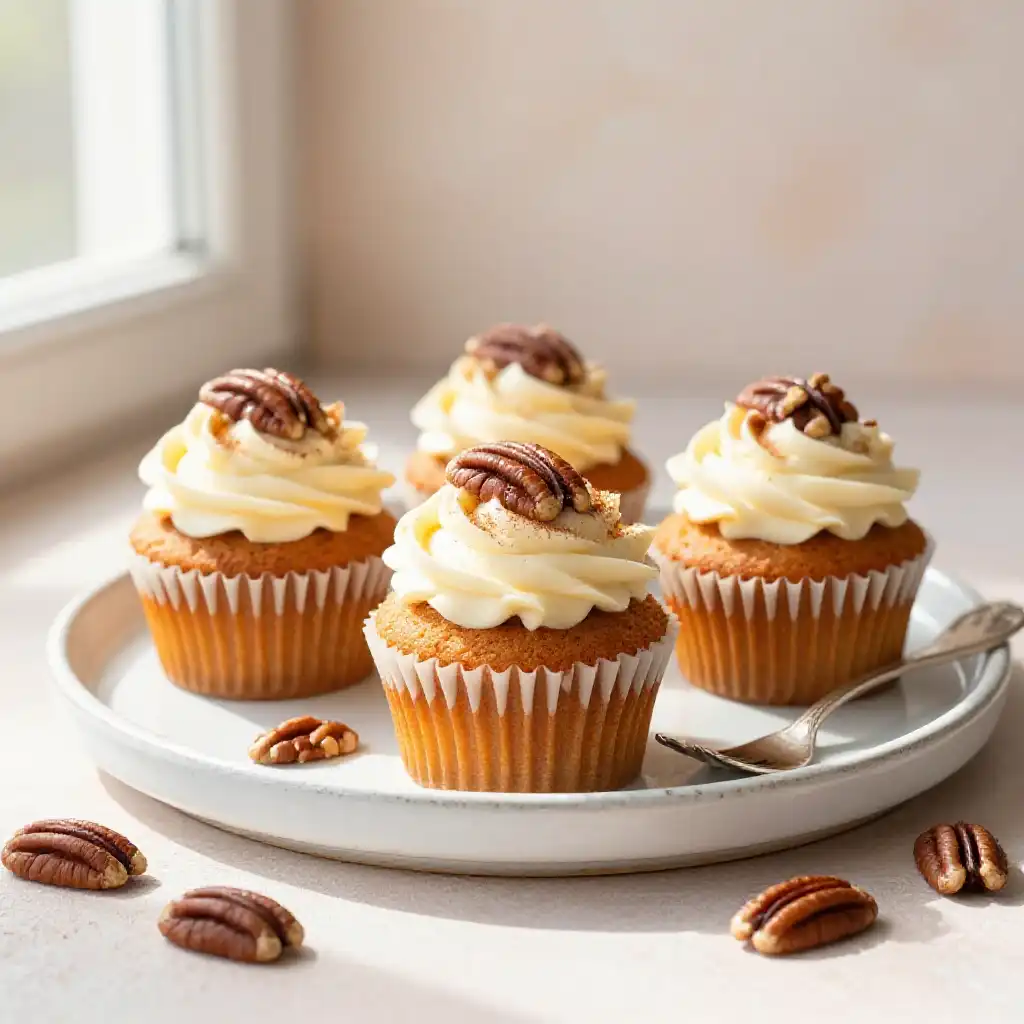 Carrot Cake Cupcakes with Candied Pecan Topping plated dish