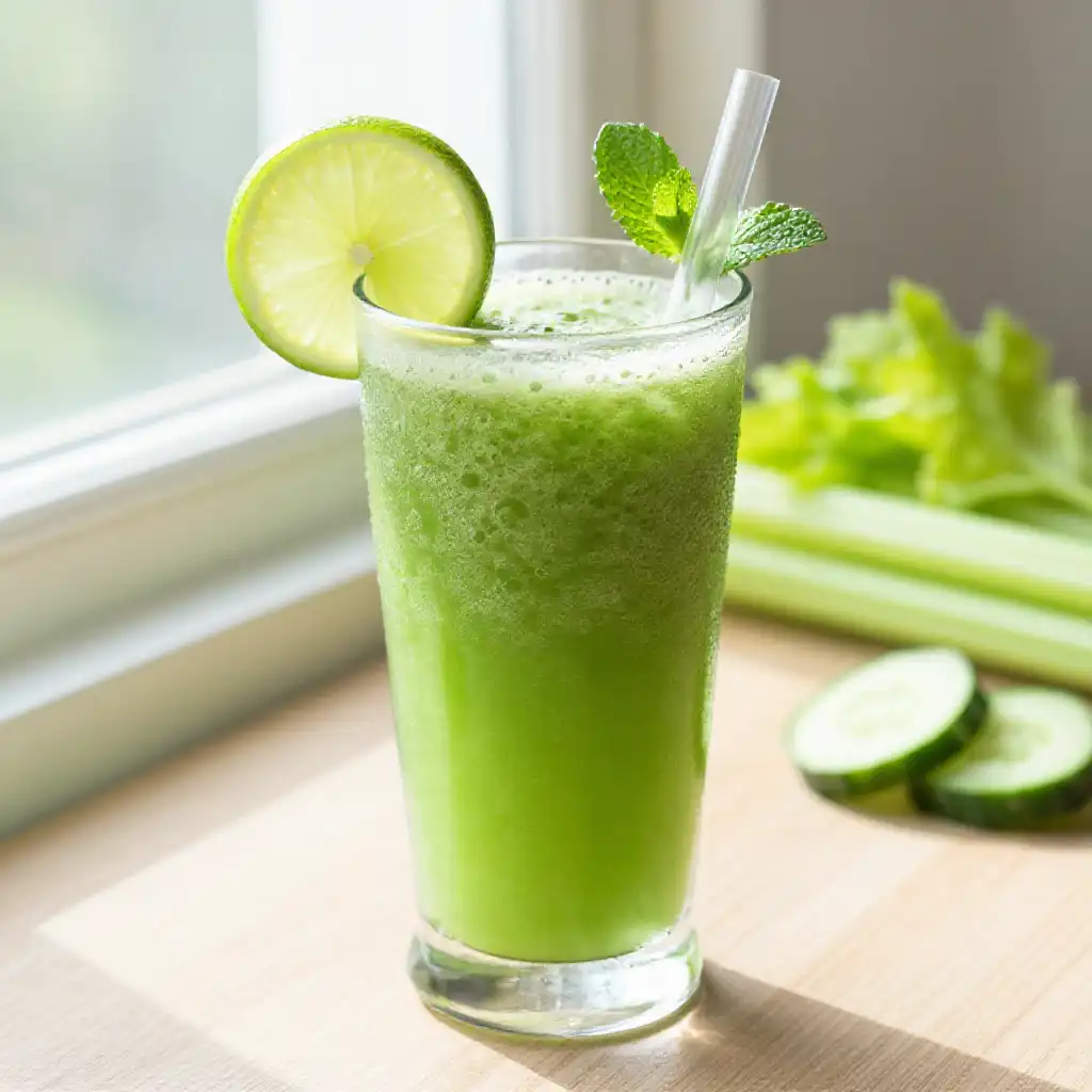 Celery Cucumber Lime Detox Green Smoothie plated dish