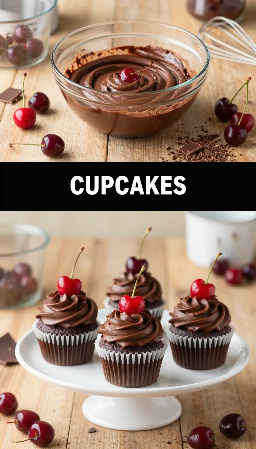 Cherry Cupcakes with Dark Chocolate Frosting pinterest pin