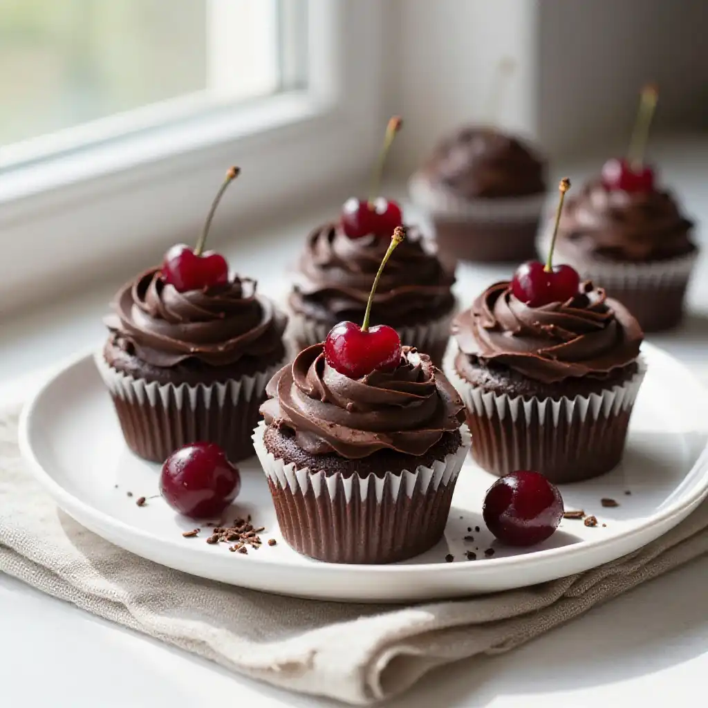 Cherry Cupcakes with Dark Chocolate Frosting plated dish