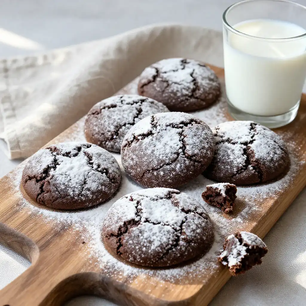 Chocolate Crinkle Cookies with Powdered Sugar Coating plated dish