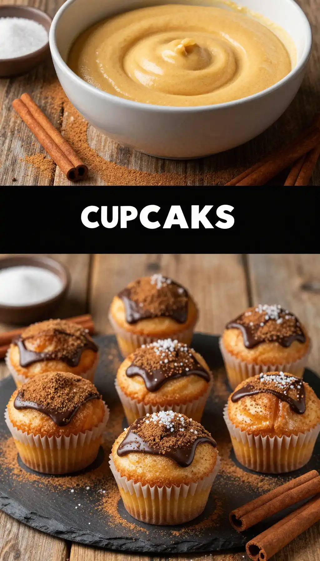 Churro Cupcakes with Cinnamon Sugar and Chocolate Dip pinterest pin