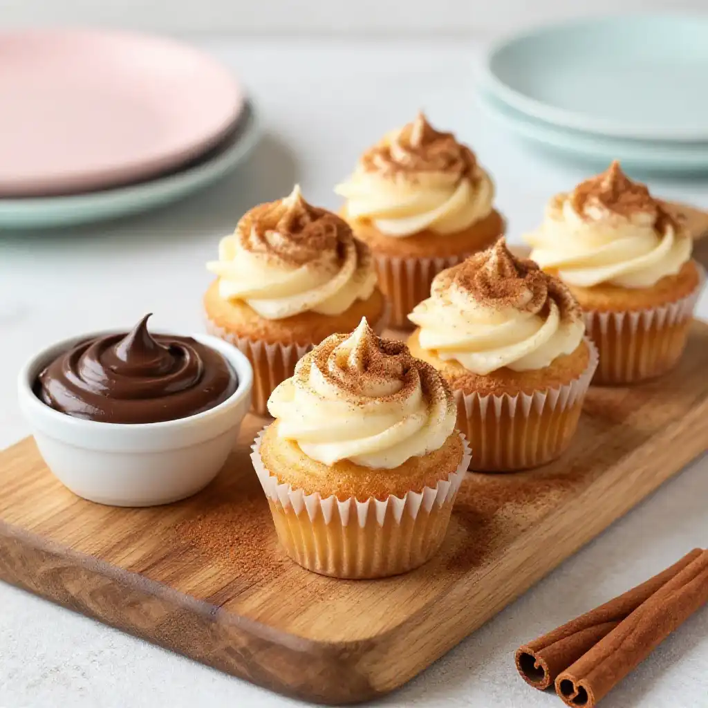 Churro Cupcakes with Cinnamon Sugar and Chocolate Dip plated dish