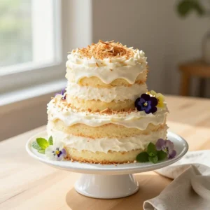 EASY Coconut Layer Cake Recipe with Fluffy Cream Frosting