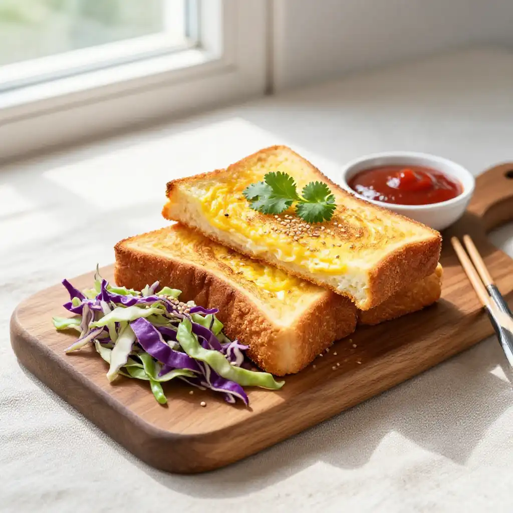 Crispy Korean Egg Toast with Cabbage Slaw plated dish