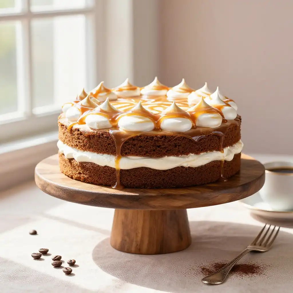 Cuban Capuchinos Cake with Meringue and Syrup plated dish
