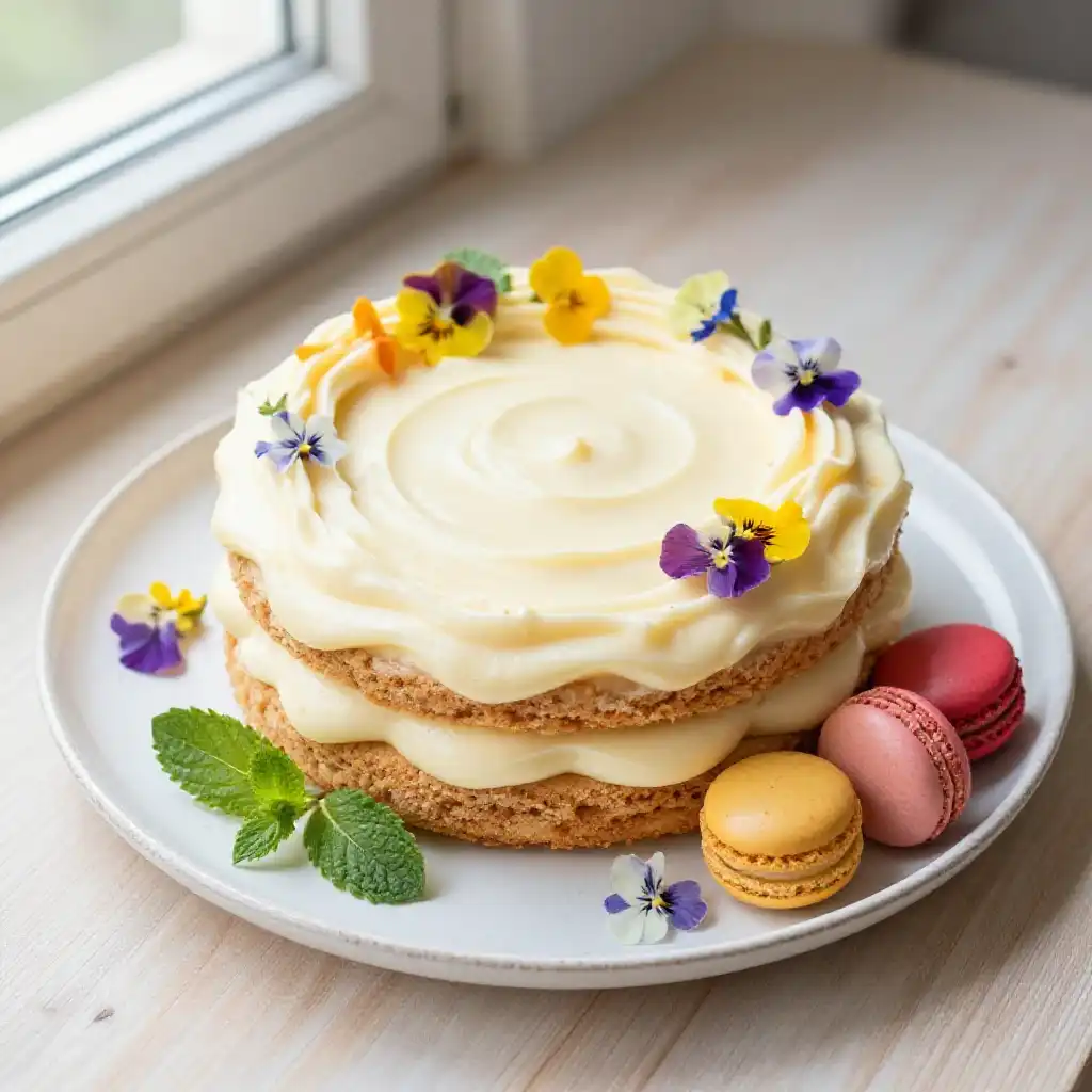 Danish Othello Cake with Macaron Base and Cream plated dish