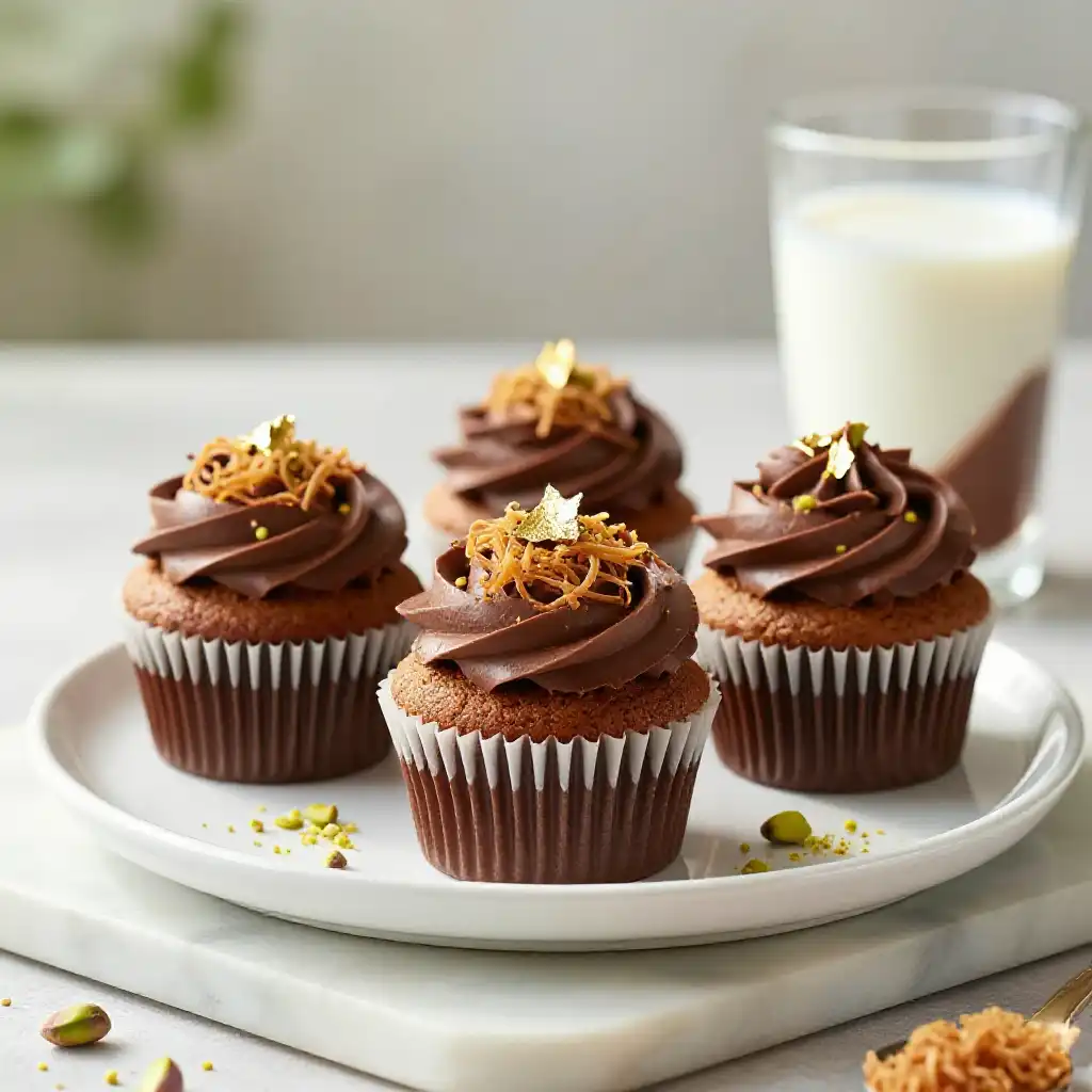 Dubai Chocolate Bar Cupcakes with Kunafa Crunch plated dish