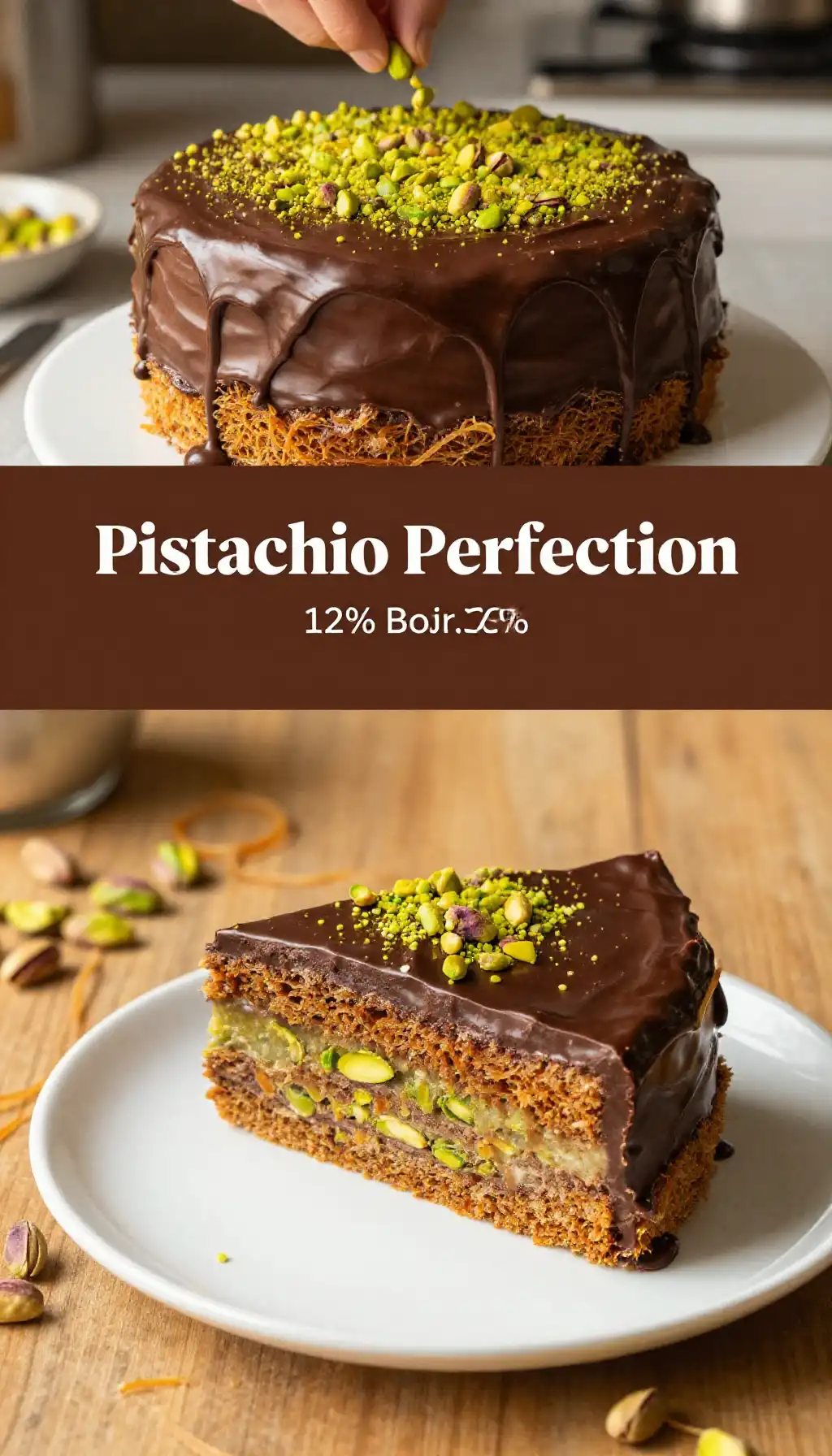 Dubai Chocolate Bar Layer Cake with Pistachio Cream and Kunafa Filling pinterest pin