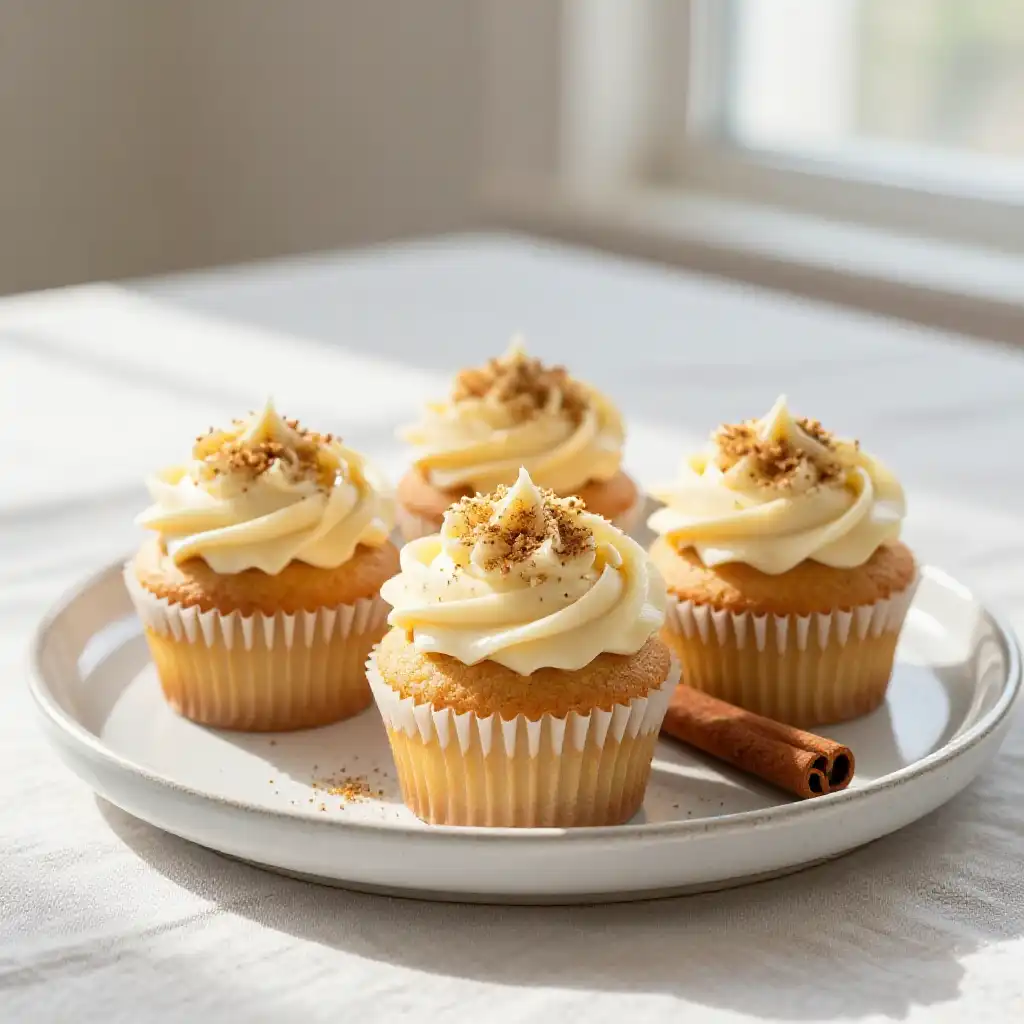 Eggnog Cupcakes with Nutmeg Frosting plated dish