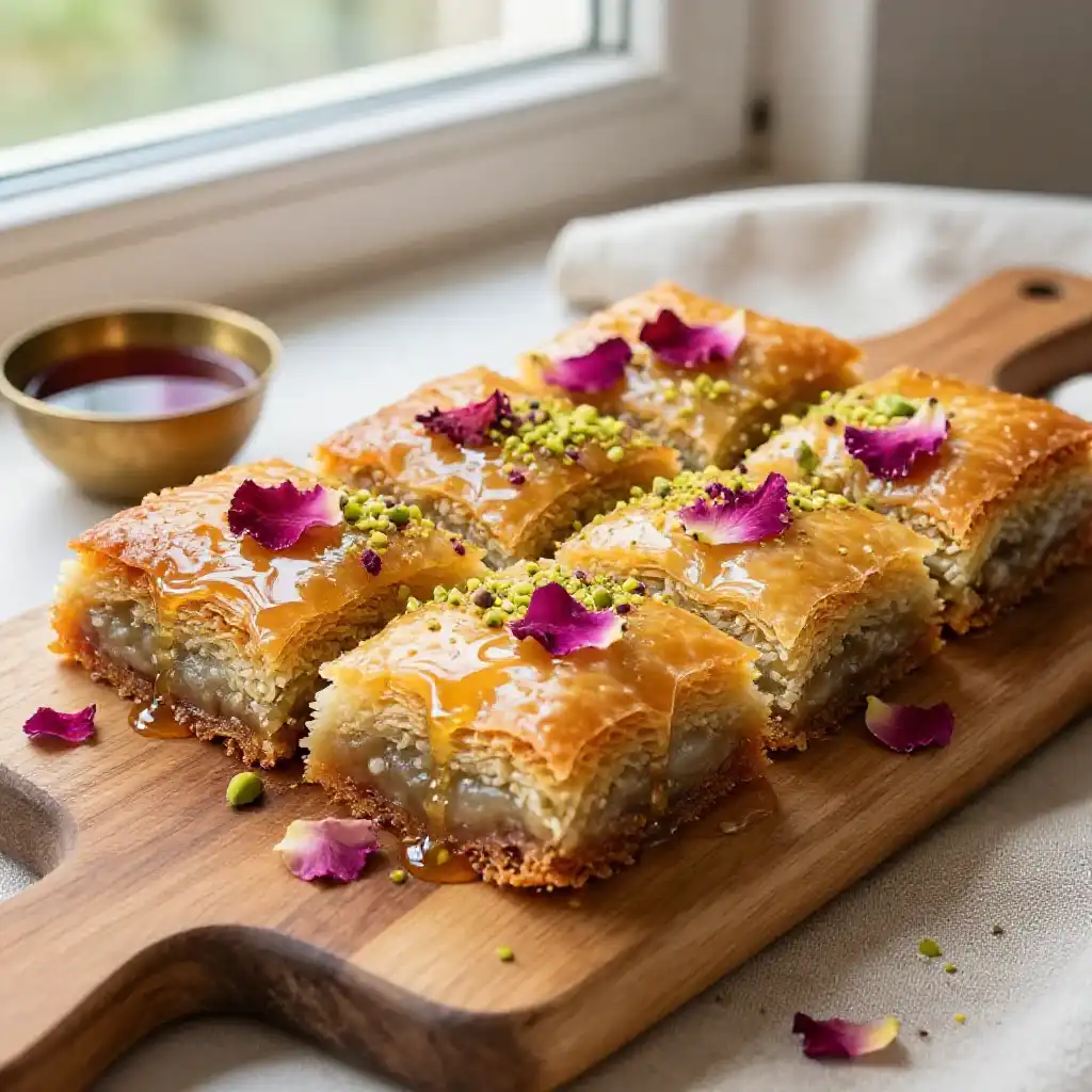 Egyptian Basbousa Semolina Cake with Rose Water Syrup plated dish
