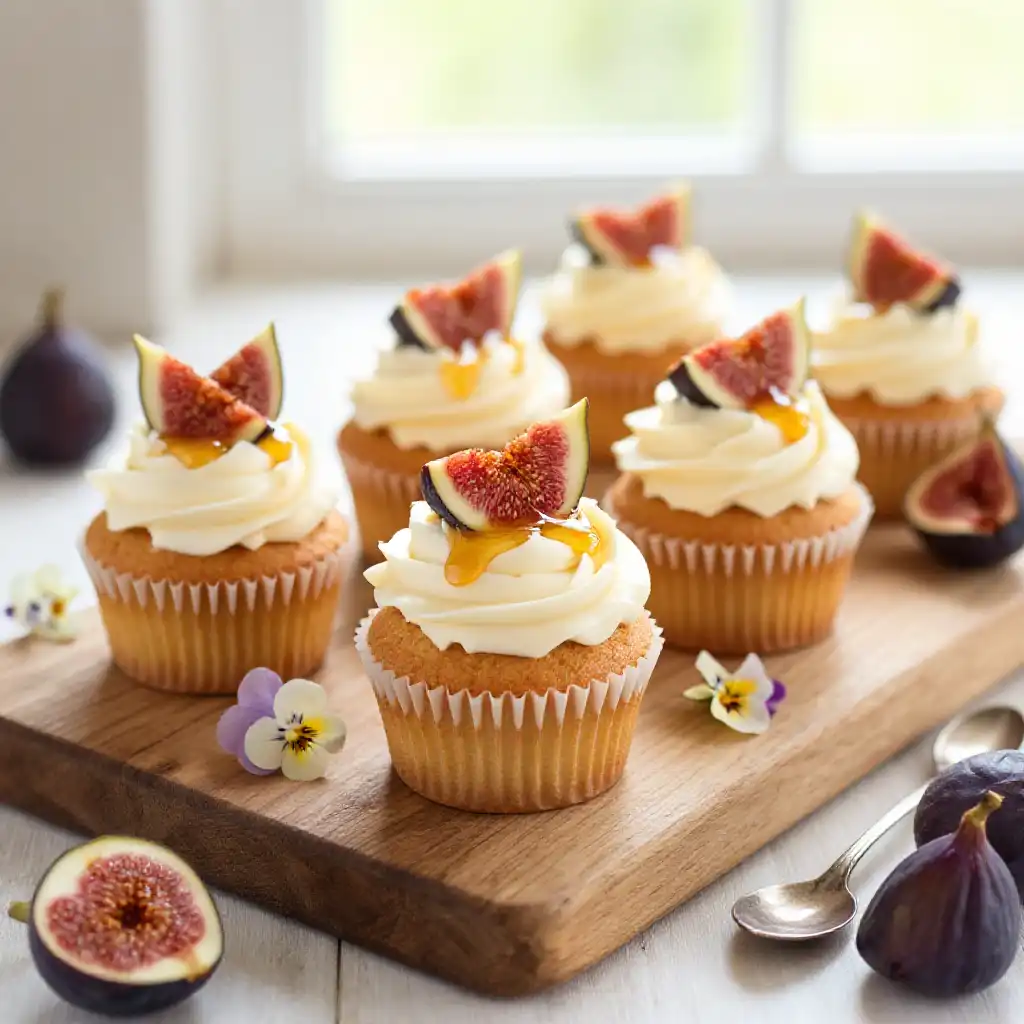 Fig and Honey Cupcakes with Mascarpone Frosting plated dish