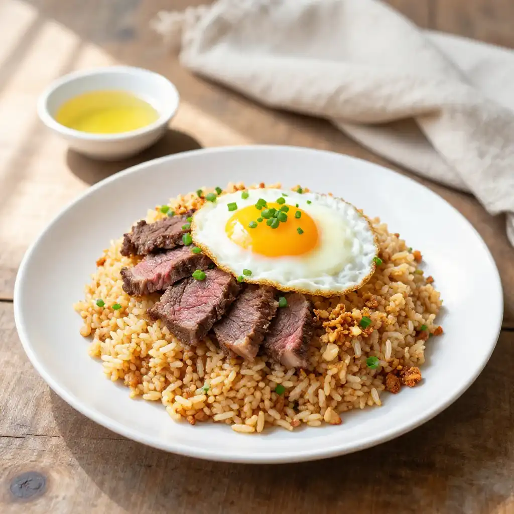 Filipino Silog Garlic Fried Rice with Beef Tapa plated dish