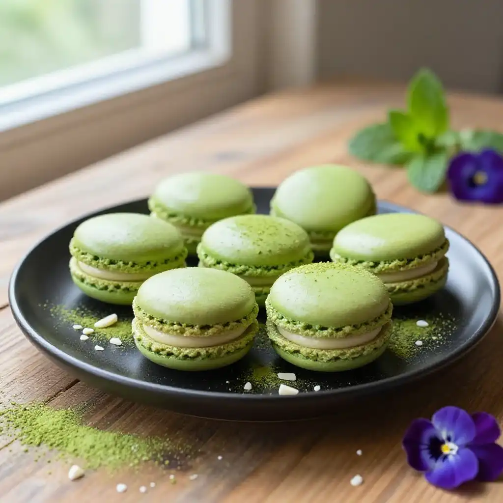 French Macarons with Matcha White Chocolate plated dish