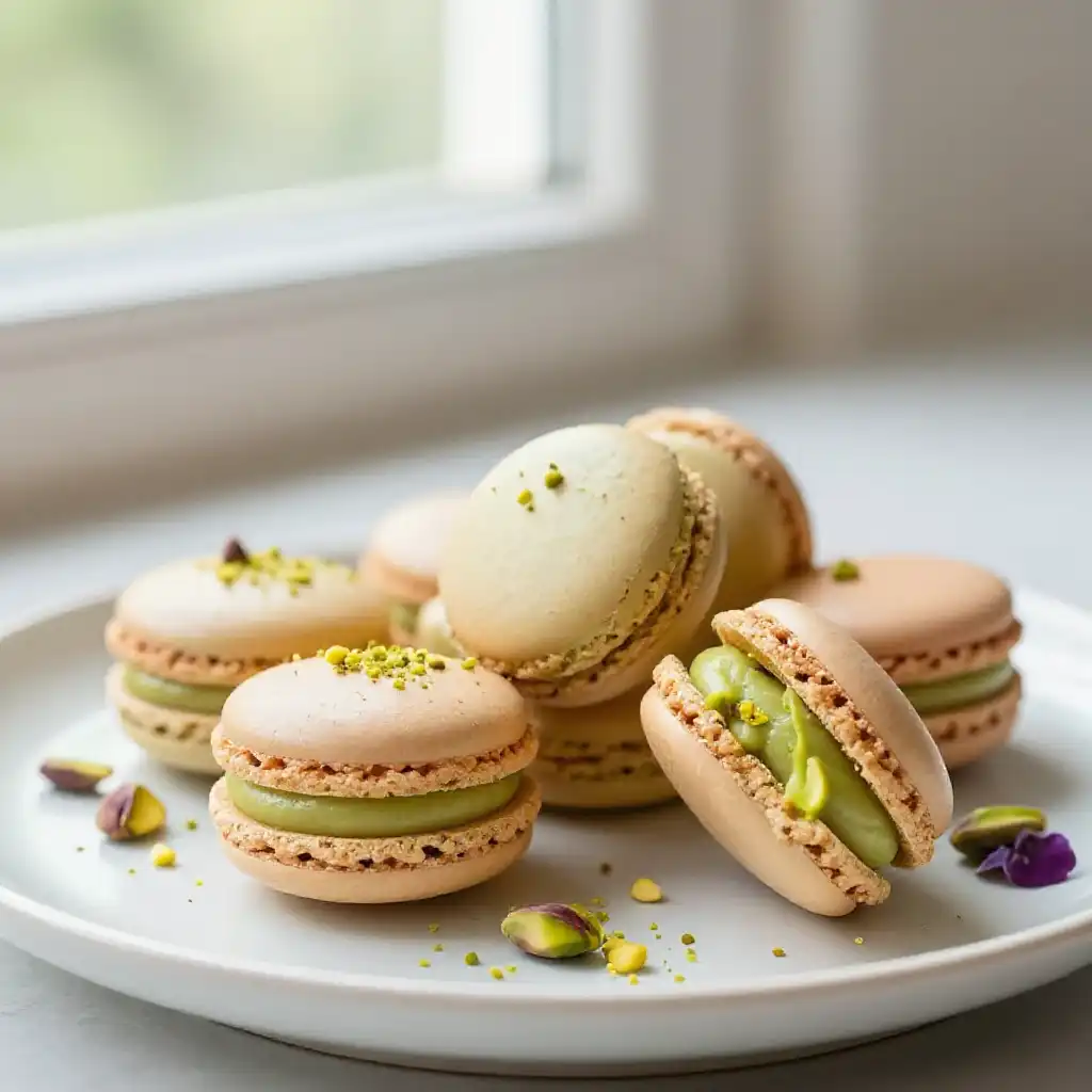 French Macarons with Pistachio Cream Filling plated dish