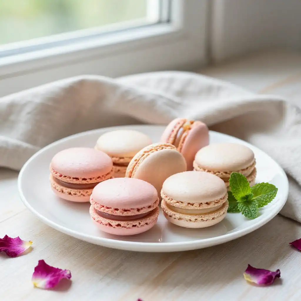 French Macarons with Rose Water Ganache plated dish