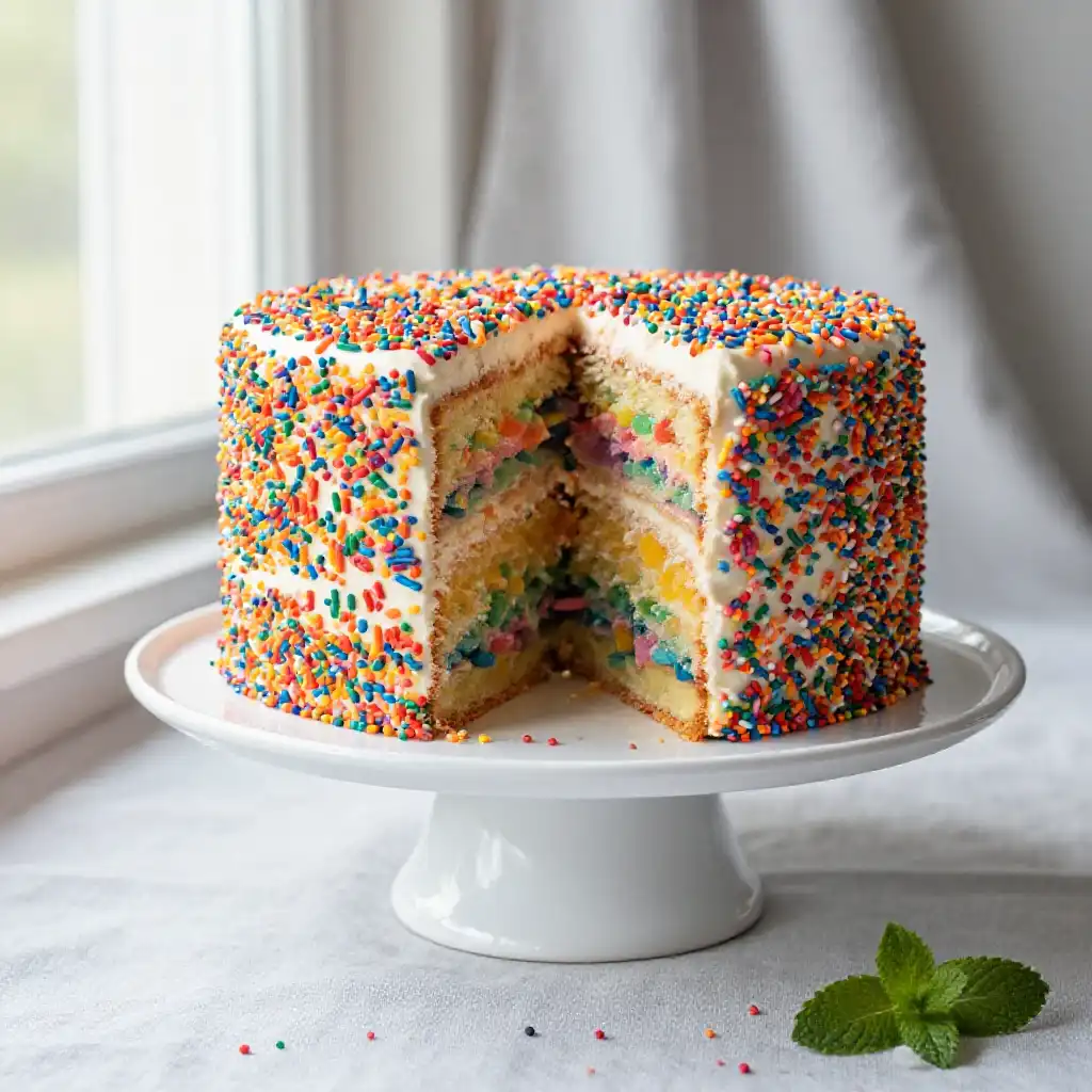 Funfetti Layer Cake with Rainbow Sprinkles Throughout plated dish