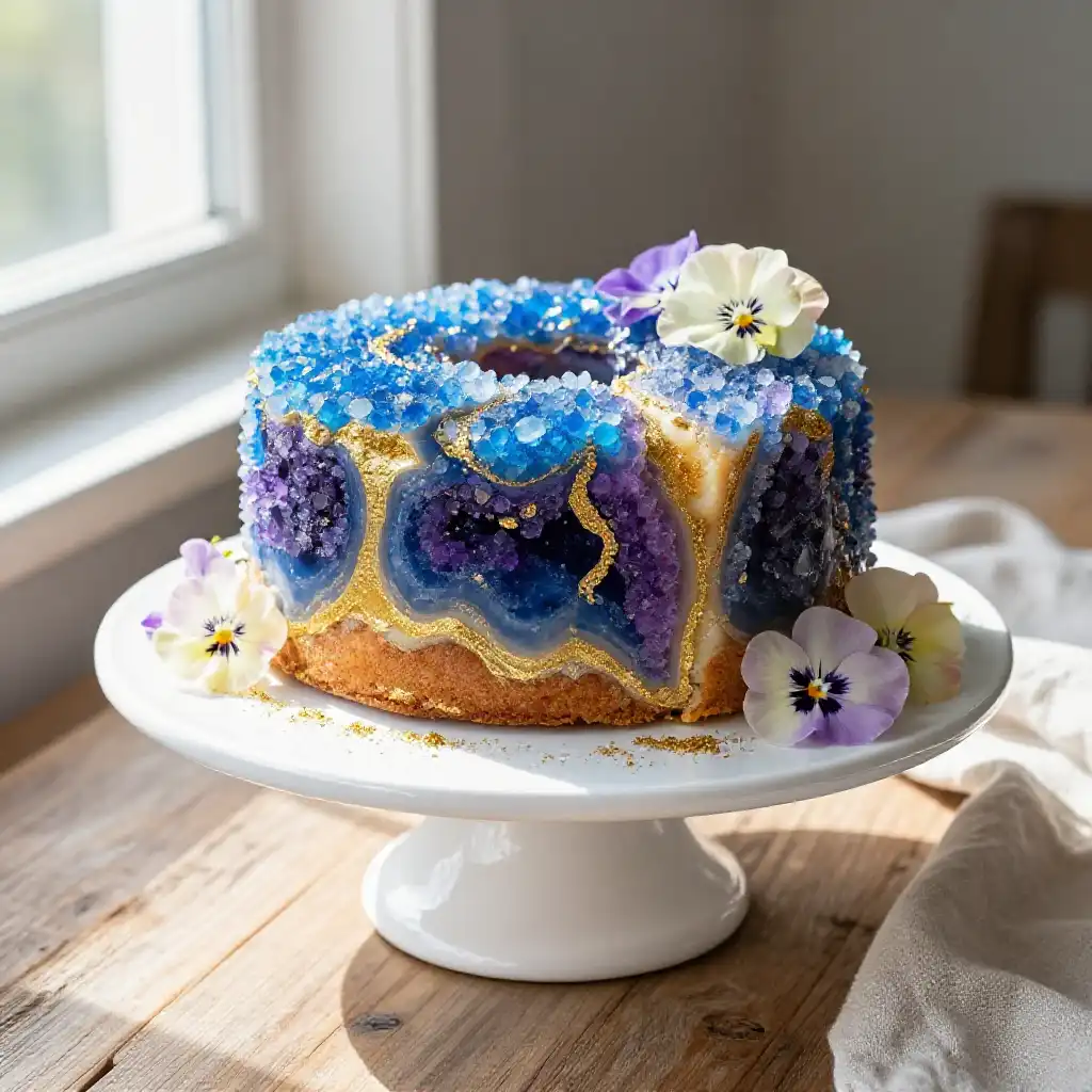 Geode Cake with Crystallized Sugar Crystals and Gold Veining plated dish