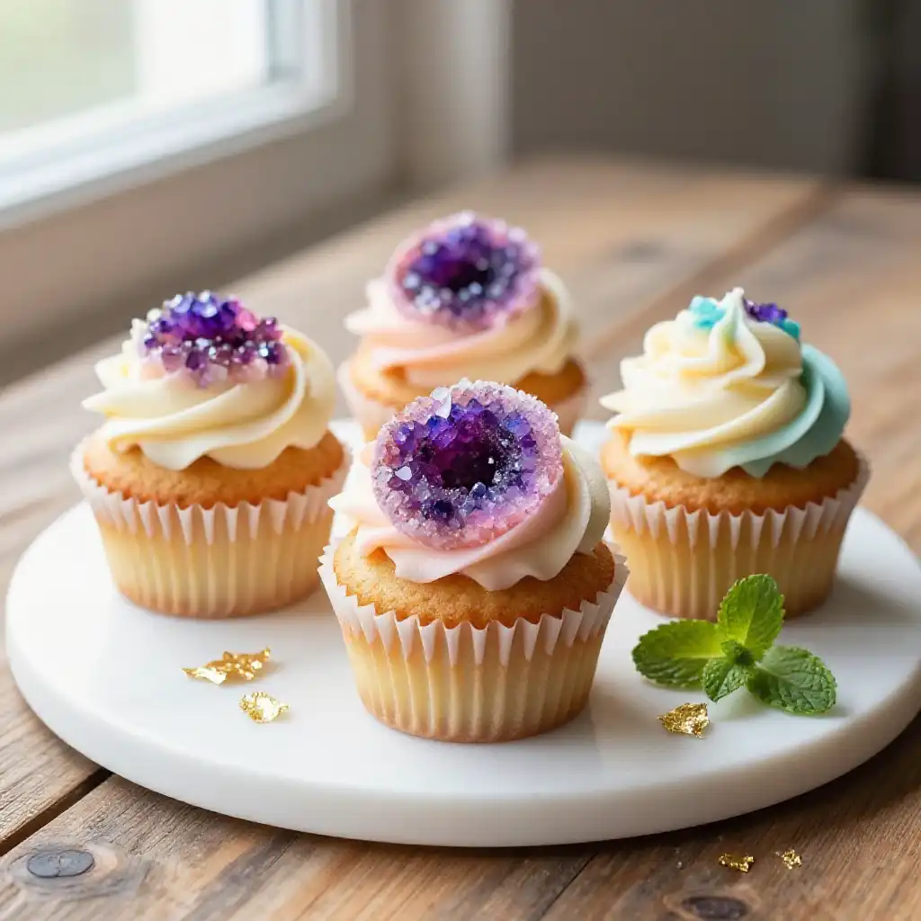 Geode Cupcakes with Rock Candy Crystals plated dish