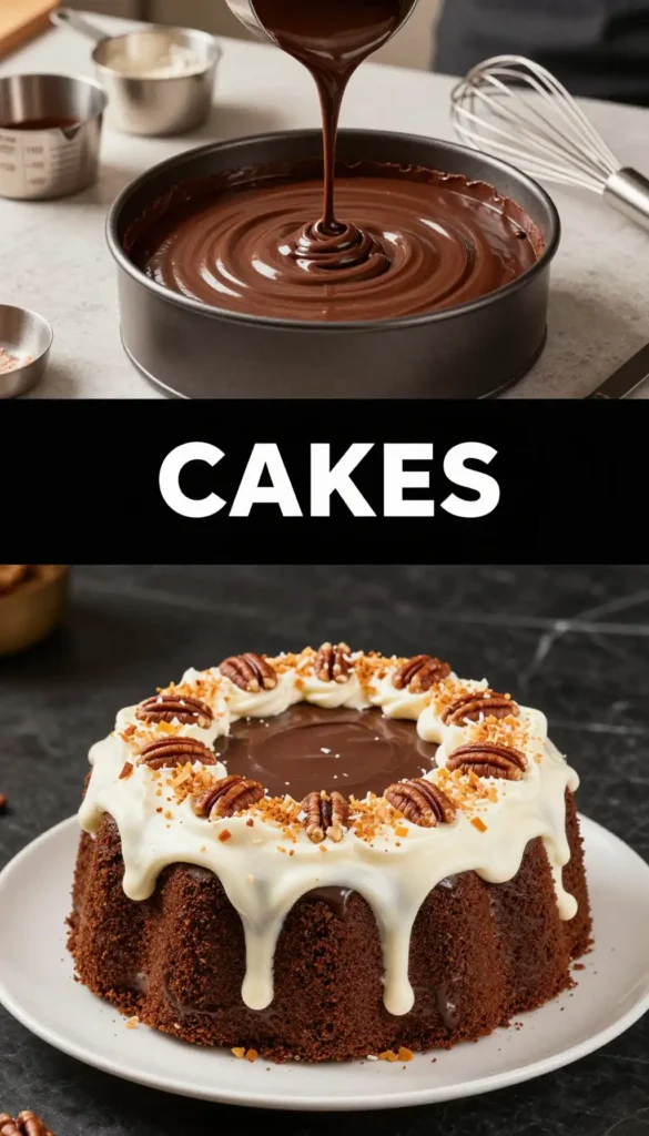 German Chocolate Cake with Coconut Pecan Frosting and Chocolate Ganache