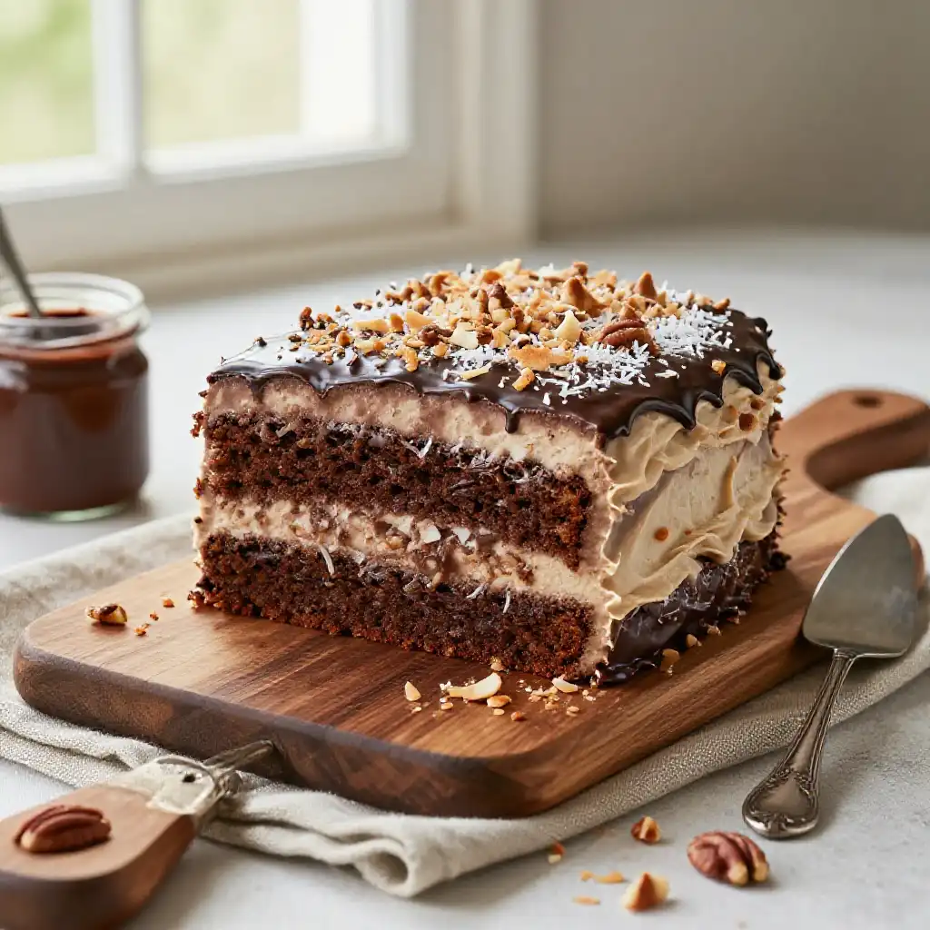 German Chocolate Cake with Coconut Pecan Frosting and Chocolate Ganache plated dish